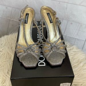 Dolce & Gabbana Sz 6 1/2 B Sparkly Silver Heeled Sandals Sandalo Tessuto Glitter